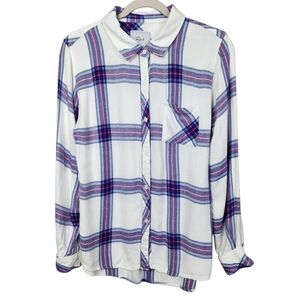 Rails Hunter Flannel Plaid White Navy Violet Button Down Shirt Womens Size M